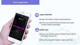 Login credentials
 Login with mobile number using Smartphone.
 Drivers can set their Profile with photo and mobile
number, visible to passenger.
On/Off duty
 Drivers can set their status as “Online” to be visible in
the Google map search.
Driver Application
 Driver has complete freedom to sign on/off duty .
 