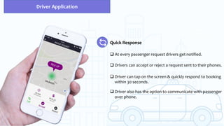 Quick Response
 At every passenger request drivers get notified.
 Drivers can accept or reject a request sent to their phones.
Driver Application
 Driver can tap on the screen & quickly respond to booking
within 30 seconds.
 Driver also has the option to communicate with passenger
over phone.
 