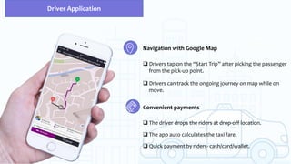 Navigation with Google Map
 Drivers tap on the “Start Trip” after picking the passenger
from the pick-up point.
Driver Application
 Drivers can track the ongoing journey on map while on
move.
Convenient payments
 The driver drops the riders at drop-off location.
 The app auto calculates the taxi fare.
 Quick payment by riders- cash/card/wallet.
 