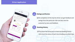 Ratings and Review
 On completion of the trip the driver can get feedback and
ratings from the particular rider and also rate the
customer by stars and feedback.
Driver Application
Booking History
 The driver has full access to track the booking history
and check the status of each trip including cancelled trips.
 