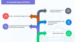 Means – Moving Technology On A Go.
Provides Economical and Consumer friendly
solution that are marketable.
Focused on Business and
Enterprise Solutions.
Serves Client Worldwide – USA,
UK and Canada in
particular.
High retention rates .
In Nutshell About MTOAG
 