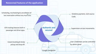 Scheduling, rescheduling & cancellation of
taxi reservation without any much loss.
GPS tracking features both in
passenger and driver apps.
Instant booking & timely
pickup and drop-off.
User credentials can be controlled
by admin panel
Supervision on taxi movements.
Onetime payment, 100% source
Code.
Authentic and
secured
Google navigation
Renowned Features of the application
 