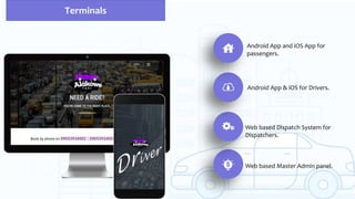 Terminals
Android App and iOS App for
passengers.
Android App & iOS for Drivers.
Web based Dispatch System for
Dispatchers.
Web based Master Admin panel.
 