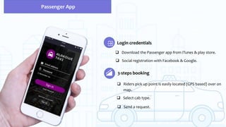 Login credentials
 Download the Passenger app from iTunes & play store.
 Social registration with Facebook & Google.
3-steps booking
 Riders pick up point is easily located (GPS based) over on
map.
 Select cab type.
 Send a request.
Passenger App
 