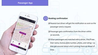 Passenger App
Booking confirmation
 Nearest taxi driver will get the notification as soon as the
passenger send a request.
 Passenger gets confirmation from the driver within
30 seconds.
 When passengers are matched with a driver, they’ll see
their name, license plate number, photo, and rating—so
they get assured about who’s picking them up ahead of
time.
 