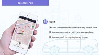 Travel
 Riders can over view the taxi approaching towards them.
 Riders can communicate with the driver over phone.
 Riders can track the ongoing journey on map.
Passenger App
 