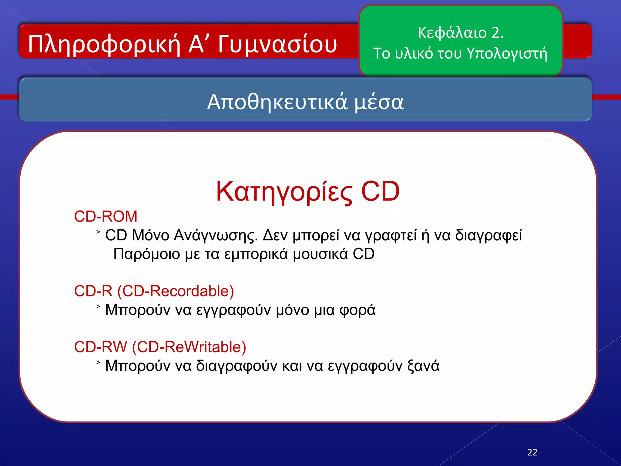 Πληροφορική Α’ Γυμνασίου
Κεφάλαιο 2.
Το υλικό του Υπολογιστή
22
Αποθηκευτικά μέσα
Κατηγορίες CD
CD-ROM
˃ CD Μόνο Ανάγνωσης. Δεν μπορεί να γραφτεί ή να διαγραφεί
Παρόμοιο με τα εμπορικά μουσικά CD
CD-R (CD-Recordable)
˃ Μπορούν να εγγραφούν μόνο μια φορά
CD-RW (CD-ReWritable)
˃ Μπορούν να διαγραφούν και να εγγραφούν ξανά
 