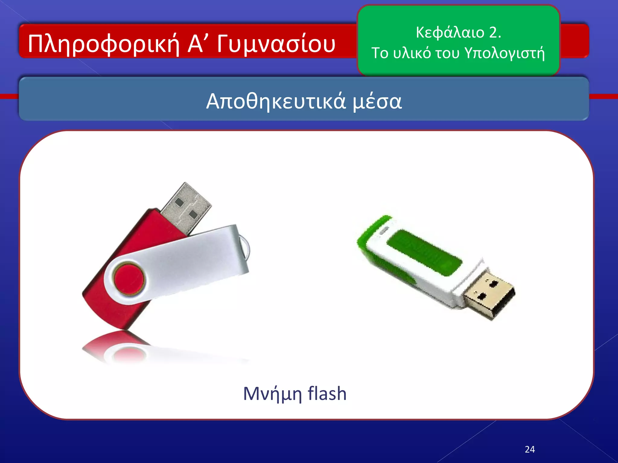 Πληροφορική Α’ Γυμνασίου
Κεφάλαιο 2.
Το υλικό του Υπολογιστή
24
Αποθηκευτικά μέσα
Μνήμη flash
 