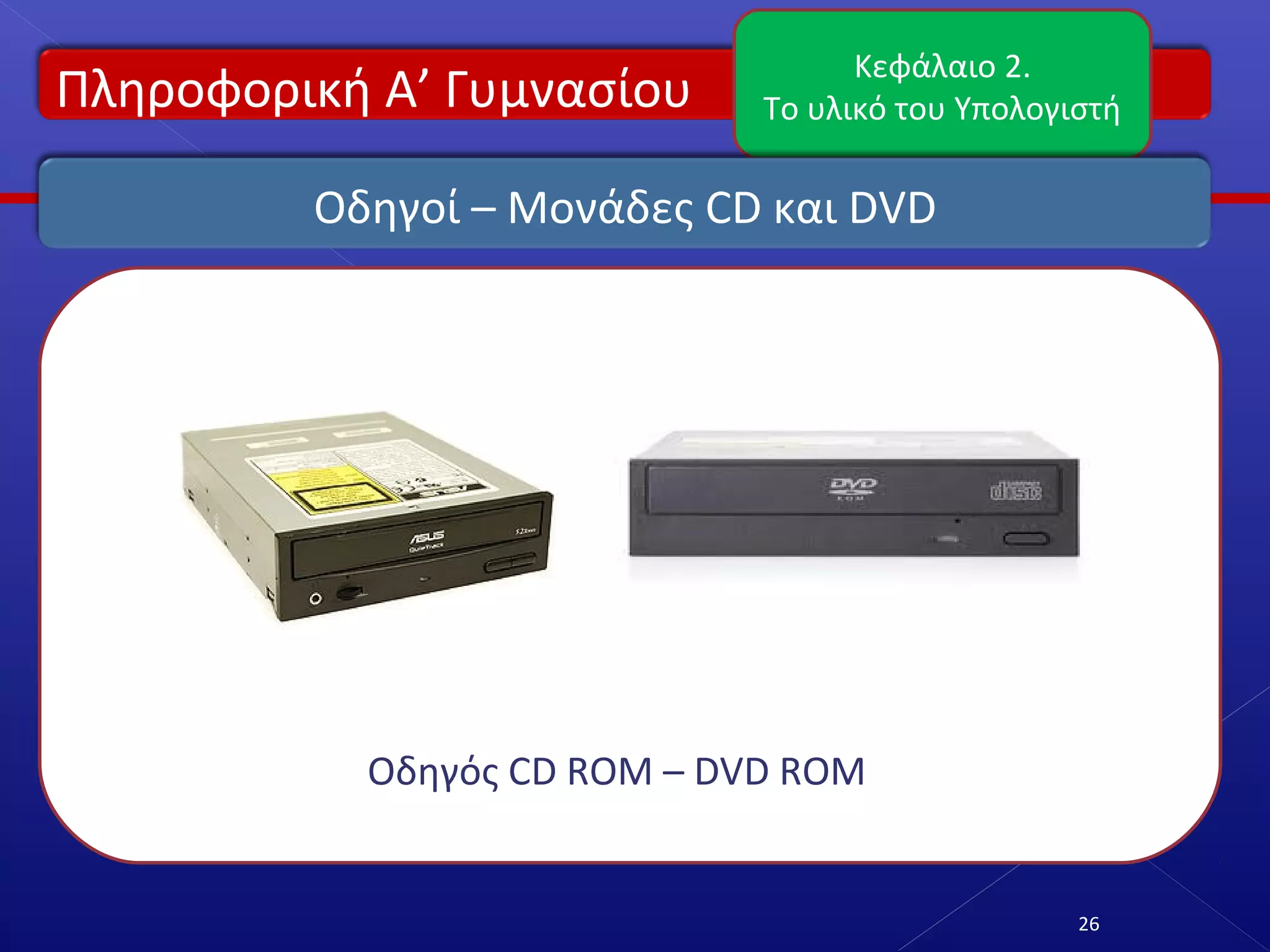 Πληροφορική Α’ Γυμνασίου
Κεφάλαιο 2.
Το υλικό του Υπολογιστή
26
Οδηγοί – Μονάδες CD και DVD
Οδηγός CD ROM – DVD ROM
 