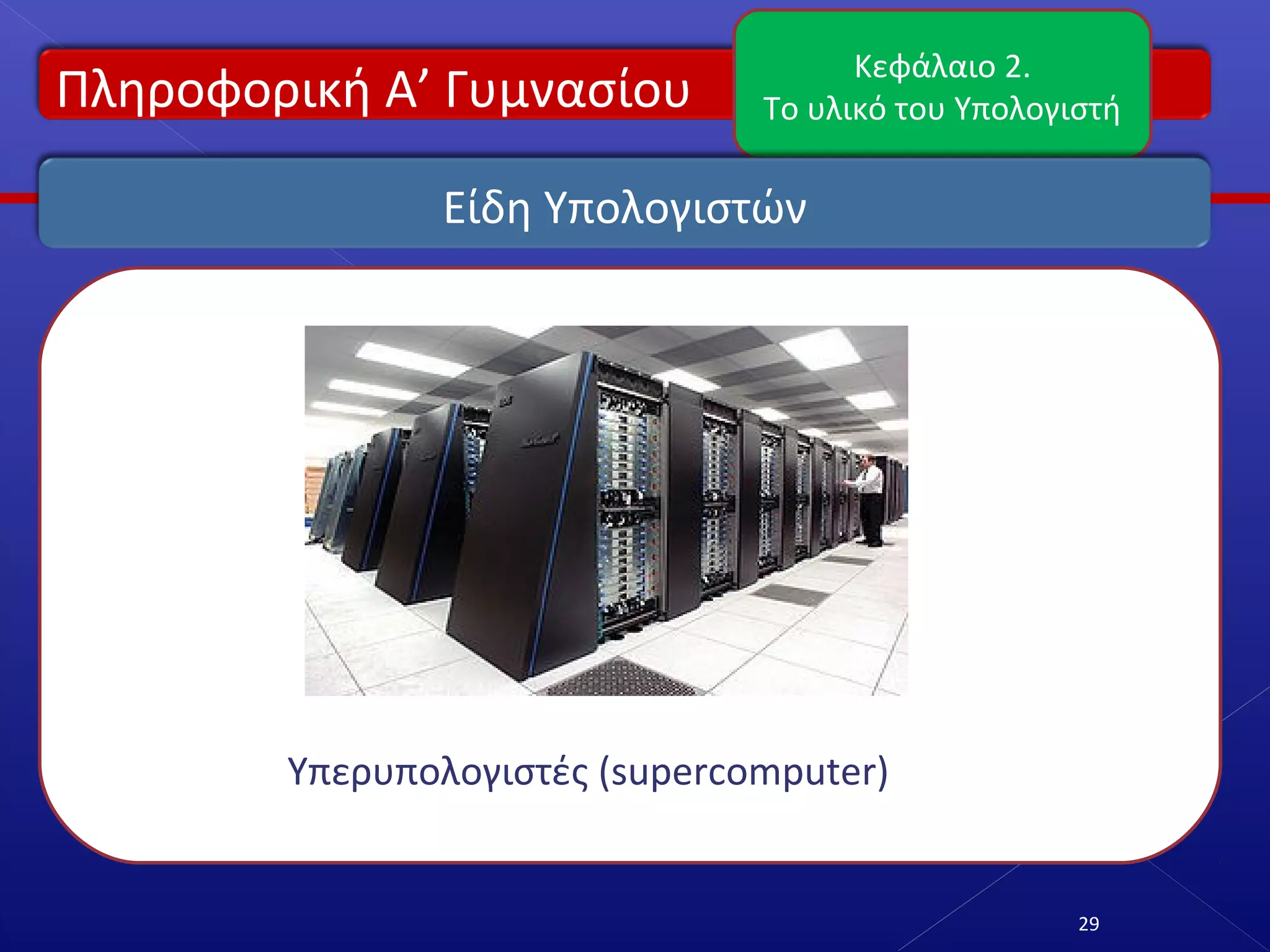 Πληροφορική Α’ Γυμνασίου
Κεφάλαιο 2.
Το υλικό του Υπολογιστή
29
Είδη Υπολογιστών
Υπερυπολογιστές (supercomputer)
 