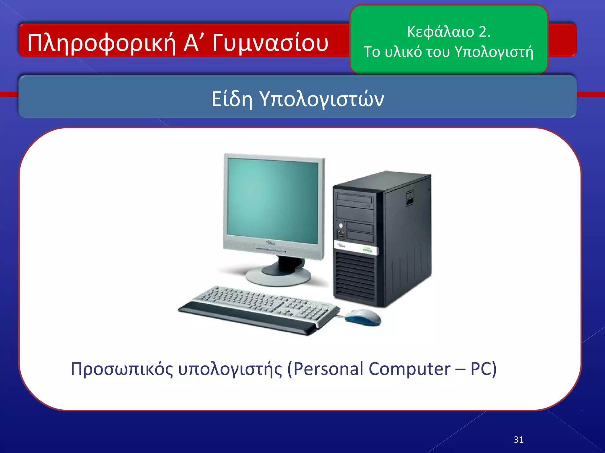 Πληροφορική Α’ Γυμνασίου
Κεφάλαιο 2.
Το υλικό του Υπολογιστή
31
Είδη Υπολογιστών
Προσωπικός υπολογιστής (Personal Computer – PC)
 