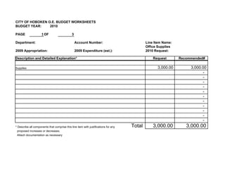 CITY OF HOBOKEN O.E. BUDGET WORKSHEETS
BUDGET YEAR:     2010

PAGE                 1 OF                     3

Department:                                       Account Number:                            Line Item Name:
                                                                                             Office Supplies
2009 Appropriation:                               2009 Expenditure (est.):                   2010 Request:

Description and Detailed Explanation*                                                            Request       Recommended#

Supplies                                                                                           3,000.00         3,000.00
                                                                                                                          -
                                                                                                                          -
                                                                                                                          -
                                                                                                                          -
                                                                                                                          -
                                                                                                                          -
                                                                                                                          -
                                                                                                                          -
                                                                                                                          -
                                                                                                                          -
                                                                                                                          -
* Describe all components that comprise this line item with justifications for any   Total       3,000.00         3,000.00
  proposed increases or decreases.
  Attach documentation as necessary
 