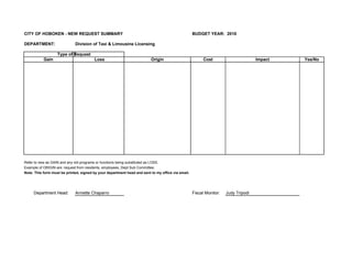 CITY OF HOBOKEN - NEW REQUEST SUMMARY                                                              BUDGET YEAR: 2010

DEPARTMENT:                  Division of Taxi & Limousine Licensing

                   Type of Request
           Gain                         Loss                             Origin                          Cost                       Impact   Yes/No




Refer to new as GAIN and any old programs or functions being substituted as LOSS.
Example of ORIGIN are: request from residents, employees, Dept Sub Committee.
Note: This form must be printed, signed by your department head and sent to my office via email.




     Department Head:        Annette Chaparro                                                      Fiscal Monitor:   Judy Tripodi
 