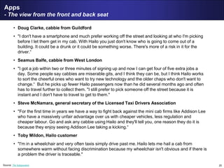 20
Apps
- The view from the front and back seat
• Doug Clarke, cabbie from Guildford
• "I don't have a smartphone and much prefer working off the street and looking at who I'm picking
before I let them get in my cab. With Hailo you just don't know who is going to come out of a
building. It could be a drunk or it could be something worse. There's more of a risk in it for the
driver.“
• Seamus Balfe, cabbie from West London
• "I got a job within two or three minutes of signing up and now I can get four of five extra jobs a
day. Some people say cabbies are miserable gits, and I think they can be, but I think Hailo works
to sort the cheerful ones who want to try new technology and the older chaps who don't want to
change.“ But he picks up fewer Hailo passengers now than he did several months ago and often
has to travel further to collect them. "I still prefer to pick someone off the street because it is
instant and I don't have to travel to get to them."
• Steve McNamara, general secretary of the Licensed Taxi Drivers Association
• "For the first time in years we have a way to fight back against the mini cab firms like Addison Lee
who have a massively unfair advantage over us with cheaper vehicles, less regulation and
cheaper labour. Go and ask any cabbie using Hailo and they'll tell you, one reason they do it is
because they enjoy seeing Addison Lee taking a kicking.“
• Toby Mildon, Hailo customer
• "I'm in a wheelchair and very often taxis simply drive past me. Hailo lets me hail a cab from
somewhere warm without facing discrimination because my wheelchair isn't obvious and if there is
a problem the driver is traceable."
Source: The Independent
 