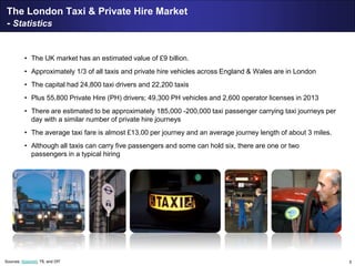 5
The London Taxi & Private Hire Market
- Statistics
• The UK market has an estimated value of £9 billion.
• Approximately 1/3 of all taxis and private hire vehicles across England & Wales are in London
• The capital had 24,800 taxi drivers and 22,200 taxis
• Plus 55,800 Private Hire (PH) drivers; 49,300 PH vehicles and 2,600 operator licenses in 2013
• There are estimated to be approximately 185,000 -200,000 taxi passenger carrying taxi journeys per
day with a similar number of private hire journeys
• The average taxi fare is almost £13.00 per journey and an average journey length of about 3 miles.
• Although all taxis can carry five passengers and some can hold six, there are one or two
passengers in a typical hiring
Sources: Ibisworld, TfL and DfT
 