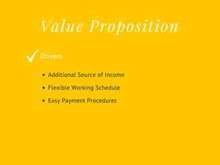 Value Proposition
Drivers
Additional Source of Income
Flexible Working Schedule
Easy Payment Procedures
 