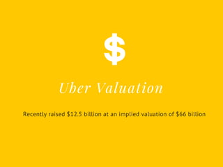 Uber Valuation
Recently raised $12.5 billion at an implied valuation of $66 billion
 