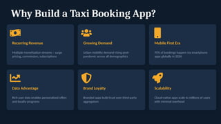 Why Build a Taxi Booking App?
Recurring Revenue
Multiple monetization streams – surge
pricing, commission, subscriptions
Growing Demand
Urban mobility demand rising post-
pandemic across all demographics
Mobile First Era
95% of bookings happen via smartphone
apps globally in 2026
Data Advantage
Rich user data enables personalized offers
and loyalty programs
Brand Loyalty
Branded apps build trust over third-party
aggregators
Scalability
Cloud-native apps scale to millions of users
with minimal overhead
 