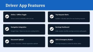 Driver App Features
Online / Offline Toggle
Drivers control availability with one tap
Trip Request Alerts
Audible + vibration alerts for new booking requests
Navigation Integration
Google Maps / Waze turn-by-turn routing built-in
Earnings Dashboard
Daily, weekly, monthly earnings summary with graphs
Document Upload
Licence, insurance, vehicle registration uploads
SOS & Emergency Button
One-tap emergency contact for driver safety
 