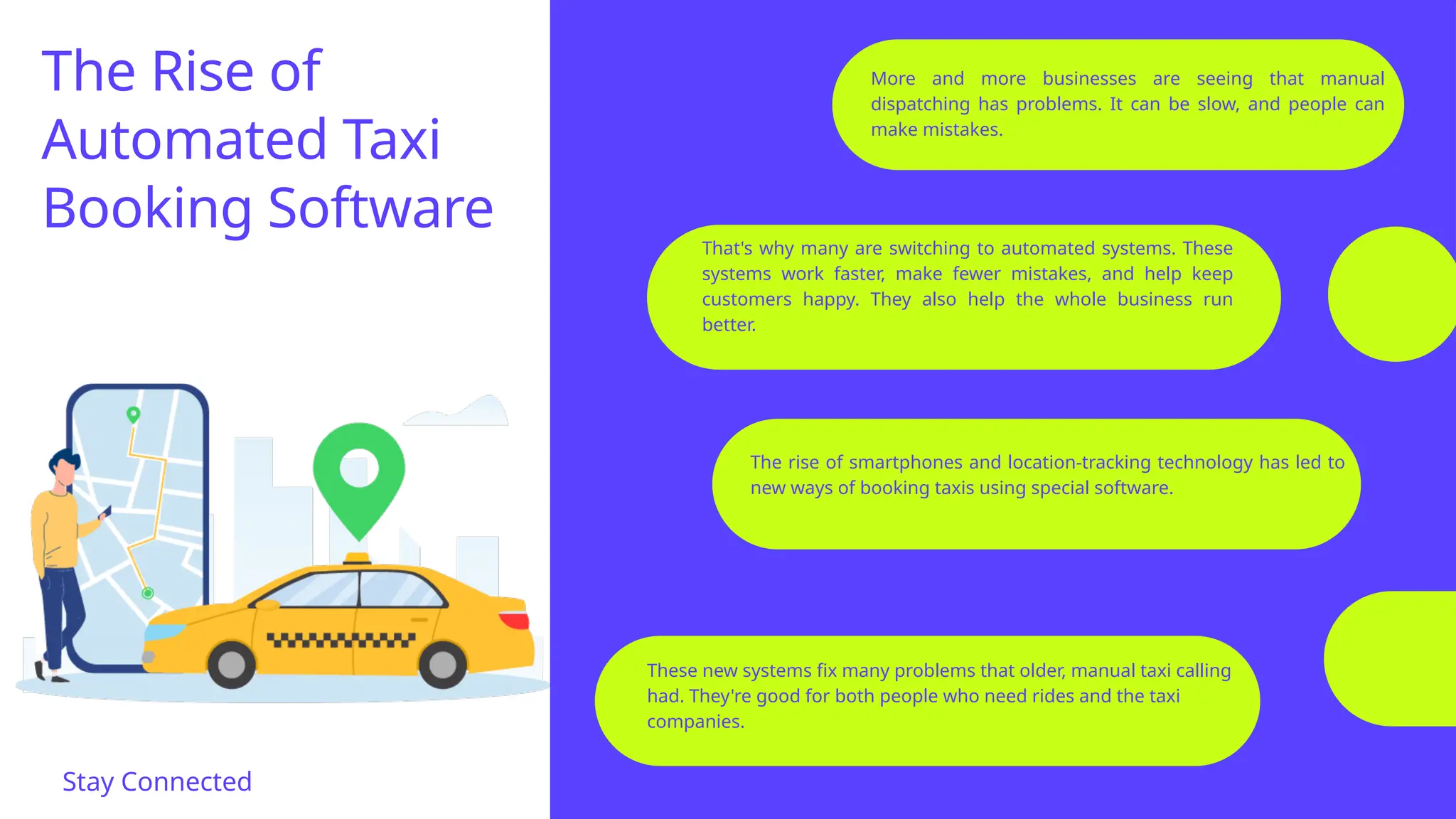 These new systems fix many problems that older, manual taxi calling
had. They're good for both people who need rides and the taxi
companies.
More and more businesses are seeing that manual
dispatching has problems. It can be slow, and people can
make mistakes.
The rise of smartphones and location-tracking technology has led to
new ways of booking taxis using special software.
That's why many are switching to automated systems. These
systems work faster, make fewer mistakes, and help keep
customers happy. They also help the whole business run
better.
Stay Connected
The Rise of
Automated Taxi
Booking Software
 