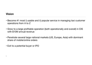Vision
• Become #1 most i) usable and ii) popular service in managing taxi customer
operations from A to Z
• Grow to a large proﬁtable operation (both operationally and overall) in CIS
with $10M annual revenue
• Penetrate several large national markets (US, Europe, Asia) with dominant
share of mobile/online orders
• Exit to a potential buyer or IPO
3
 