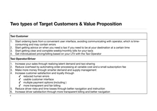 Two types of Target Customers & Value Proposition
8
Taxi Customer
1. Start ordering taxis from a convenient user interface, avoiding communicating with operator, which is time-
consuming and may contain errors
2. Start getting advice on when you need a taxi if you need to be at your destination at a certain time
3. Start getting clear and complete weekly/monthly bills for your taxis
4. Get individualized pricing/billing based on your LTV with the Taxi Operator
Taxi Operator/Driver
1. Increase your sales through realizing latent demand and taxi-sharing
2. Reduce overhead by automating order processing at variable cost and a small subscription fee
3. Make more money through smarter demand and supply management
4. Increase customer satisfaction and loyalty through
✓ reduced human errors
✓ usable customer interface
✓ multiple payment options (including )
✓ more transparent and fair billing
5. Reduce driver risks and time losses through better navigation and instruction
6. Increase driver satisfaction through more transparent billing and better navigation
 