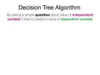 Decision Tree Algorithm
By asking a simple question about value of independent
variable it tries to predict a value of dependent variable
 