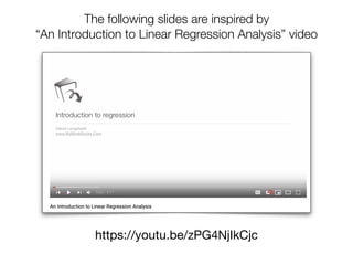 The following slides are inspired by
“An Introduction to Linear Regression Analysis” video
https://youtu.be/zPG4NjIkCjc
 