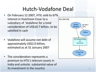 Hutch-Vodafone Deal
• On February 12 2007, HTIL sold its 67%
interest in Hutchison Essar to a
subsidiary of Vodafone for a total
consideration of US$10.7 billion, to be
satisfied in cash
• Vodafone will assume net debt of
approximately US$2.0 billion,
estimated as at 31 January 2007
• The consideration represents a
premium to HTIL's telecom assets in
India and unlocks substantial value of
its investment in the country 23