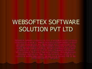 WEBSOFTEX SOFTWARE
SOLUTION PVT LTD
Websoftex Software Solutions Pvt. Ltd., a Bangalore based company,
extending its services in Website Designing & Development, Custom
Software Development and Mobile Application Development. Our
company is committed to provide Creative, Innovative and quick &
quality Website Design Solutions, Website Development, Software
Development, E-Commerce, Print Order management Software,
School software, Multi Level Marketing Software, Web Applications,
Windows Applications, Web site maintenance etc. to offshore
companies at affordable prices. We are one of the best PHP & .Net
based companies in Bangalore.
 