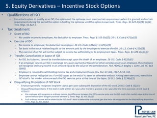 5. Equity Derivatives – Incentive Stock Options
• Qualifications of ISO
– For a stock option to qualify as an ISO, the option and the optionee must meet certain requirements when it is granted and certain
requirements during the period the option is held by the optionee until the option is exercised. Treas. Regs. §1.422-2(a)(1), (a)(2);
Trea. Regs. §1.422-1.
• Tax treatment
 Grant of ISO
‒ No taxable income to employee; No deduction to employer. Treas. Regs. §1.83-3(a)(2); 26 U.S. Code § 421(a)(2)
 Exercise of ISO
‒ No income to employee; No deduction to employer. 26 U.S. Code § 422(a) ; § 421(a)(2)
‒ Tax basis in the stock received equals to the amount paid by the employee to exercise the ISO. 26 U.S. Code § 421(a)(3)
‒ The exercise of an ISO will not be subject to income tax withholding or to employment taxes. Treas. Regs. §1.421-2(a)(1)(i)
 Transfer, Cancellation or Lapse of ISO
‒ An ISO, by its terms, cannot be transferable except upon the death of an employee. 26 U.S. Code § 422(b)(5)
‒ If an employer cancels an ISO in exchange for a cash payment or transfer of other consideration to an employee, the employee
will recognize ordinary income in an amount equal to the value of the consideration. PLR 7809072; Bagley v. Comr., 85 T.C. 663
(1985)
‒ Employer is required to withholding income tax and employment taxes. Rev. Rul. 67-366, 1967-2 C.B. 165.
‒ Employee cannot recognize loss if an ISO lapses at the end of its term or otherwise without having been exercised, even if the
ISO stock's fair market value exceeds the ISO exercise price at the time of the lapse. 26 U.S. Code § 1234(a)(2)
 Disqualifying Disposition of ISO Stock
‒ Employee generally recognizes long term capital gain upon subsequent disposition of the ISO stock. 26 U.S. Code § 1222(3)
‒ Disqualifying dispositions: If the stock is sold within: a) 2 years after the ISO is granted, or b) 1 year after the ISO is exercised, 26 U.S. Code §
422(a)(1)
a. the employee will recognize as ordinary income the difference between the ISO's exercise price and the ISO stock's fair market value at the time of
option exercise (the “bargain purchase element”). Treas. Regs. §1.421-2(b)(1)
b. Such ordinary income will be added to the ISO stock's basis to determine the capital gain that must be recognized on the disqualifying disposition.
Treas. Regs. §1.421-2(a)(2)
 