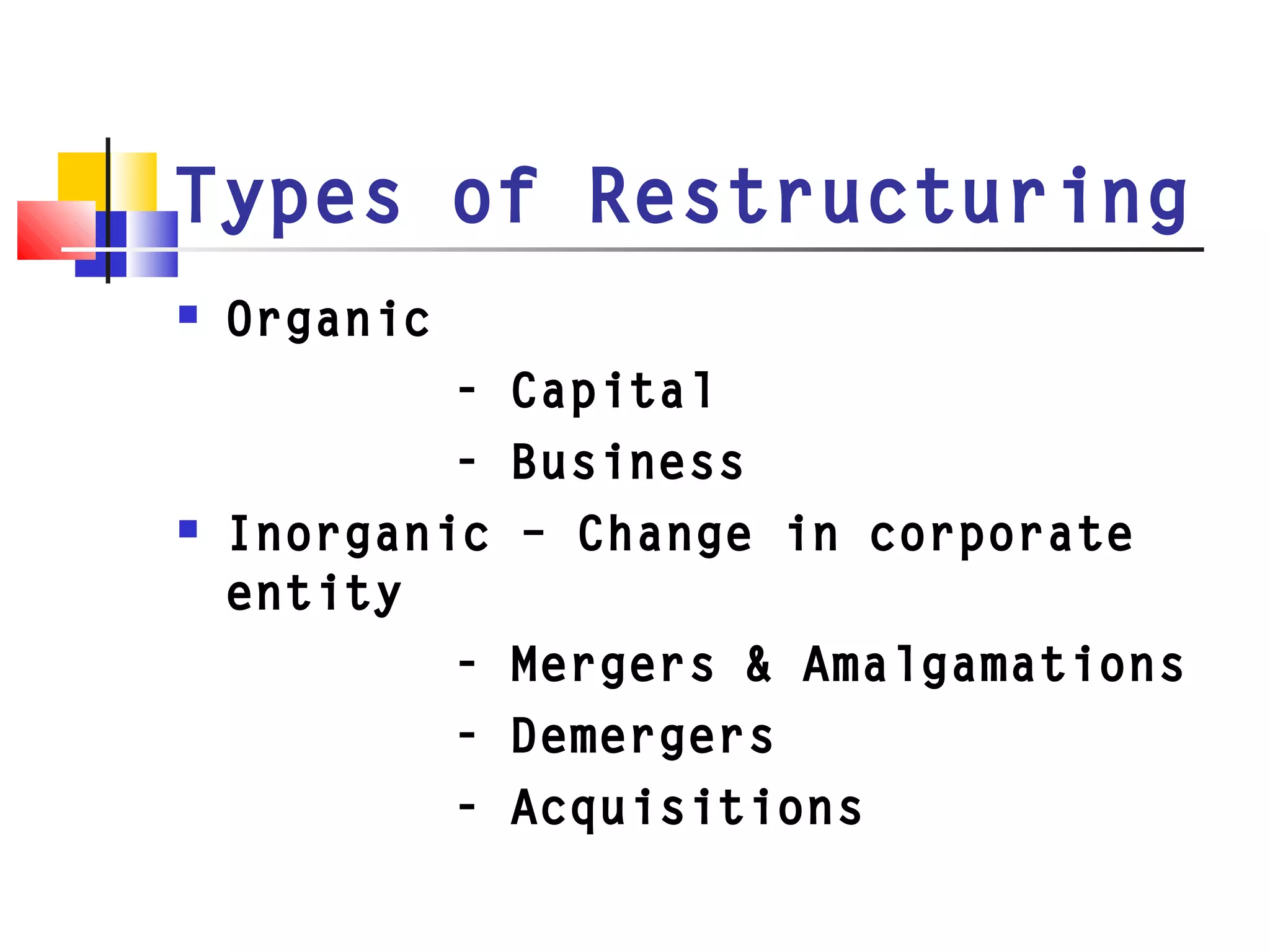 Types of Restructuring
 Organic
- Capital
- Business
 Inorganic – Change in corporate
entity
- Mergers & Amalgamations
- Demergers
- Acquisitions
 