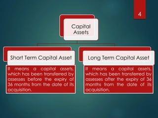 Capital
Assets
Short Term Capital Asset Long Term Capital Asset
4
It means a capital assets,
which has been transferred by
assesses before the expiry of
36 months from the date of its
acquisition.
It means a capital assets,
which has been transferred by
assesses after the expiry of 36
months from the date of its
acquisition.
 