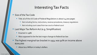 InterestingTax Facts
• Size of theTax Code
• Title 26 of the US Code of Federal Regulations is about 14,000 pages
• Not including forms, instructions, revenue procedures, treasury regulations
• Not including court cases from tax court or federal court
• Last MajorTax Reform Act (e.g. Simplification)
• Enacted in 1986
• Was supposed to be the last major change to federal tax law
• The highest marginal tax bracket in 1954 was 91% on income above
$200,000
• About $12 Million in today’s dollars
© John Caughell All Rights Reserved
 