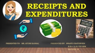 RECEIPTS AND
EXPENDITURES
PRESENTED TO: MR. AYUSH KANSAL PRESENTED BY: SWASTI CHATURVEDI
B.B.A. LL.B. VIII SEM
SECTION- ‘B’
 