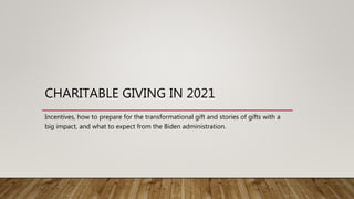 CHARITABLE GIVING IN 2021
Incentives, how to prepare for the transformational gift and stories of gifts with a
big impact, and what to expect from the Biden administration.
 