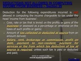 DEDUCTIONS NOT ALLOWED IN COMPUTING
INCOME FROM BUSINESS – Section 20
Deduction for the following expenditures incurred is...