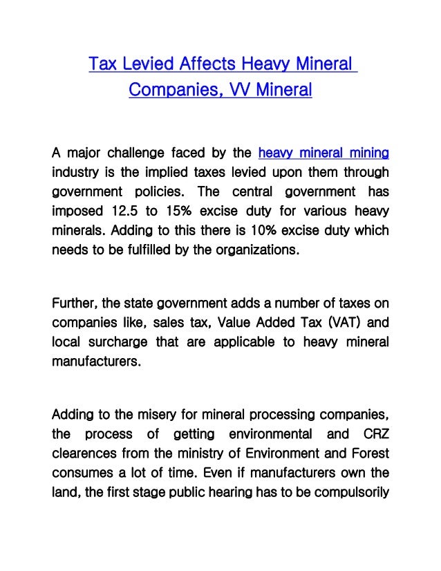 Tax Levied Affects Heavy Mineral Companies, VV Mineral