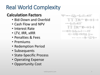 Calculation Factors
• Bid-Down and Overbid
• Cash Flow and NPV
• Interest Rate
• LTV, IRR, xIRR
• Penalties & Fees
• Premiums
• Redemption Period
• Subsequents
• State-Specific Process
• Operating Expense
• Opportunity Cost
vadarsystems.com 7
Real World Complexity
 
