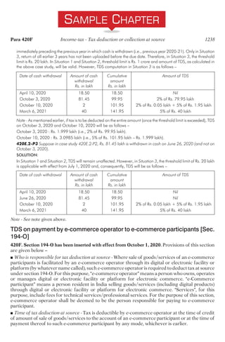 immediately preceding the previous year in which cash is withdrawn (i.e., previous year 2020-21). Only in Situation
3, return of all earlier 3 years has not been uploaded before the due date. Therefore, in Situation 3, the threshold
limit is Rs. 20 lakh. In Situation 1 and Situation 2, threshold limit is Rs. 1 crore and amount of TDS, as calculated in
the above case study, will be valid. However, TDS computation in Situation 3 is as follows –
Date of cash withdrawal Amount of cash Cumulative Amount of TDS
withdrawal amount
Rs. in lakh Rs. in lakh
April 10, 2020 18.50 18.50 Nil
October 3, 2020 81.45 99.95 2% of Rs. 79.95 lakh
October 10, 2020 2 101.95 2% of Rs. 0.05 lakh + 5% of Rs. 1.95 lakh
March 6, 2021 40 141.95 5% of Rs. 40 lakh
Note - As mentioned earlier, if tax is to be deducted on the entire amount (once the threshold limit is exceeded), TDS
on October 3, 2020 and October 10, 2020 will be as follows –
October 3, 2020 : Rs. 1.999 lakh (i.e., 2% of Rs. 99.95 lakh).
October 10, 2020 : Rs. 3.0985 lakh (i.e., 5% of Rs. 101.95 lakh – Rs. 1.999 lakh).
420E.2-P3 Suppose in case study 420E.2-P2, Rs. 81.45 lakh is withdrawn in cash on June 26, 2020 (and not on
October 3, 2020).
SOLUTION:
In Situation 1 and Situation 2, TDS will remain unaffected. However, in Situation 3, the threshold limit of Rs. 20 lakh
is applicable with effect from July 1, 2020 and, consequently, TDS will be as follows –
Date of cash withdrawal Amount of cash Cumulative Amount of TDS
withdrawal amount
Rs. in lakh Rs. in lakh
April 10, 2020 18.50 18.50 Nil
June 26, 2020 81.45 99.95 Nil
October 10, 2020 2 101.95 2% of Rs. 0.05 lakh + 5% of Rs. 1.95 lakh
March 6, 2021 40 141.95 5% of Rs. 40 lakh
Note - See note given above.
TDS on payment by e-commerce operator to e-commerce participants [Sec.
194-O]
420F. Section 194-O has been inserted with effect from October 1, 2020. Provisions of this section
are given below –
■ Who is responsible for tax deduction at source - Where sale of goods/services of an e-commerce
participants is facilitated by an e-commerce operator through its digital or electronic facility or
platform (by whatever name called), such e-commerce operator is required to deduct tax at source
under section 194-O. For this purpose, “e-commerce operator” means a person who owns, operates
or manages digital or electronic facility or platform for electronic commerce. “e-Commerce
participant” means a person resident in India selling goods/services (including digital products)
through digital or electronic facility or platform for electronic commerce. “Services”, for this
purpose, include fees for technical services/professional services. For the purpose of this section,
e-commerce operator shall be deemed to be the person responsible for paying to e-commerce
participant.
■ Time of tax deduction at source - Tax is deductible by e-commerce operator at the time of credit
of amount of sale of goods/services to the account of an e-commerce participant or at the time of
payment thereof to such e-commerce participant by any mode, whichever is earlier.
Para 420F Income-tax - Tax deduction or collection at source 1238
 