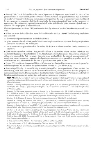 ■ Rate of TDS - Tax is deductible at the rate of 1 per cent (0.75 per cent up to March 31, 2021) of the
gross amount of such sale of goods/services. For this purpose, any payment made by a purchaser
of goods/services directly to an e-commerce participant for the sale of goods/services, facilitated
by an e-commerce operator, shall be deemed to be the amount credited/paid by the e-commerce
operator to the e-commerce participant and shall be included in the gross amount of such sale or
services for the purpose of tax deduction.
If the recipient does not have PAN, tax is deductible (by virtue of section 206AA) at the rate of 5 per
cent.
■ When tax is not deductible - Tax is not deductible under section 194-O if the following conditions
are satisfied –
a. e-commerce participant is an individual or HUF;
b. gross amount of such sale of goods/services through e-commerce operator during the previous
year does not exceed Rs. 5 lakh; and
c. such e-commerce participant has furnished his PAN or Aadhaar number to the e-commerce
operator.
■ TDS under any other section - Not possible - If tax is deductible under section 194-O (or not
deductible because of threshold limit of Rs. 5 lakh given above), tax cannot be deducted under any
other provisions of the Act. However, this rule is not applicable in the case of amount received/
receivable by an e-commerce operator for hosting advertisements or providing any other services
which are not in connection with the sale of goods/services given above.
■ Lower TDS certificate - Lower/nil TDS certificate can be obtained by e-commerce participants by
submitting Form No. 13 within the parameters of section 197 [see para 426.2].
■ Removing difficulty - If any difficulty arises in giving effect to the provisions of this section, the
Board may, with the approval of the Central Government, issue guidelines for the purpose of
removing the difficulty. These guidelines shall be laid before each House of Parliament and shall be
binding on the income-tax authorities and on the e-commerce operator.
420F-P1 XLtd.,Y,ZandCLtd.(e-commerceparticipants)supply goodsinIndiathroughAnazon(aSingaporebased
website) owned by Anazon Ltd. Anazon Ltd. wants to know tax to be deducted under section 194-O in the following
different situations –
Situation 1 - During the financial year 2020-21, X Ltd. sells goods of Rs. 44 lakh through Anazon Ltd. Anazon Ltd.
transfers Rs. 37.4 lakh (i.e., gross sales excluding GST : Rs. 44 lakh minus commission : 15 per cent) through RTGS
on March 31, 2021.
Situation 2 - The above payment is made by Anazon Ltd. in 3 instalments – Rs. 19.55 lakh on January 1, 2021,
Rs. 7.65 lakh on March 1, 2021 and the balance of Rs. 10.2 lakh is transferred to the account of X Ltd. (in the books
of Anazon Ltd.) on March 31, 2021 (actual payment is made through RTGS on May 18, 2021).
Situation 3 - In Situation 2, assume that e-commerce participant is not X Ltd. but X, an individual.
Situation 4 - During the financial year 2020-21, Y (an individual, e-commerce participant) supplies services
(aggregate value of which is Rs. 4.5 lakh) through Anazon Ltd. Y has furnished his PAN to Anazon Ltd.
Situation 5 - During the financial year 2020-21, Z (an individual, e-commerce participant) supplies goods (aggregate
value of which is Rs. 5 lakh) through Anazon Ltd. Z has furnished his PAN to Anazon Ltd.
Situation 6 - C Ltd. is an e-commerce participant. It supplies goods in India through Anazon Ltd. (i.e., e-commerce
operator). During the financial year 2020-21, C Ltd. sells goods of Rs. 60 lakh through Anazon Ltd., out of which
Rs. 20 lakh is directly received by C Ltd. and Rs. 40 lakh is received first by Anazon Ltd. and later on it is remitted to
C Ltd. on March 31, 2021. Commission of C Ltd. in the two cases is 15 per cent. C Ltd. gets the payment directly
from the customers as follows –
a. First payment of Rs. 18 lakh - It is received by C Ltd. on October 6, 2020.
b. Second payment of Rs. 2 lakh - Received by C Ltd. on January 10, 2021.
Amount of Rs. 40 lakh is remitted by Anazon Ltd. (after deducting 15 per cent of Rs. 60 lakh as commission) to C Ltd.
on March 31, 2021.
1239 TDS on payment by e-commerce operator Para 420F
 