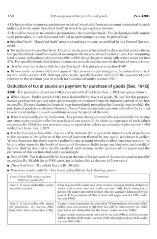 4.Hehasnootherincomeexceptinterestreceived/receivablefromanyaccountmaintainedbysuch
individual in the same “specified bank” in which he gets pension income.
5. He shall be required to furnish a declaration to the “specified bank”. The declaration shall contain
such particulars, in such form and verified in such manner, as may be prescribed.
■ Specified bank - “Specified bank” means a banking company as notified by the Central Govern-
ment.
■ Tax deduction by specified bank - Once the declaration is furnished by the specified senior citizen,
the specified bank would be required to compute the income of such senior citizen. For computing
total income, deduction under sections 80C to 80U should be given along with rebate under section
87A. The specified bank shall deduct income-tax on such total income on the basis of rates in force.
■ At what time tax is deductible by specified bank - It is not given in section 194P.
■ Return under section 139(1) not required - The provisions pertaining to submission of return of
income under section 139, shall not apply to the specified senior citizen for the assessment year
relevant to the previous year in which tax is deducted under section 194P.
Deduction of tax at source on payment for purchase of goods [Sec. 194Q]
420H. The provisions of section 194Q (inserted with effect from July 1, 2021) are given below –
■ Who is buyer - Under section 194Q, tax is deductible by buyer of goods. “Buyer” for this purpose,
means a person whose total sales, gross receipts or turnover from the business carried on by him
exceed Rs. 10 crore during the financial year immediately preceding the financial year in which the
purchase of goods is carried out. However, “buyer” does not include a person notified by the Central
Government (subject to such conditions as may be specified therein).
■ Who is responsible for tax deduction - Any person (being a buyer) who is responsible for paying
any sum to any resident seller for purchase of any goods of the value (or aggregate of such value)
exceeding Rs. 50 lakh in any previous year, is required to deduct tax at source under section 194Q
with effect from July 1, 2021.
■ At what time tax is deductible - Tax should be deducted by buyer, at the time of credit of such sum
to the account of the seller or at the time of payment thereof by any mode, whichever is earlier.
Where, however, the above sum is credited to any account (whether called “suspense account” or
by any other name) in the books of account of the person liable to pay such income, such credit of
income shall be deemed to be the credit of such income to the account of the payee and the
provisions of this section shall apply accordingly.
■ Rate of TDS - Tax is deductible by buyer at the rate of 0.1 per cent of the amount paid or payable
exceeding Rs. 50 lakh (in no PAN cases, tax is deductible at the rate of 5 per cent).
■ Threshold limit - Threshold limit is Rs. 50 lakh.
■ When tax is not available - Tax is not deductible in the following cases –
Cases when TDS under section Comments
194Q not applicable
Case 1 - If tax is deductible under If tax is deductible under any other section, then tax shall be deducted
any other section under that section and not under section 194Q. Even when tax is
deductible under any other section (but not actually deducted by the
payer), TDS provisions of that section will apply and not TDS under
section 194Q.
Case 2 - If tax is collectible under If a particular transaction is covered by TCS provisions of section 206C
the provisions of section 206C [other than sub-section (1H)], then tax will be collected by the seller
[but other than sub-section (1H)] (and tax is not deductible by the buyer under section 194Q).
If a particular transaction is covered by section 194Q as well as section
206C(1H), then TDS under section 194Q will apply and not TCS under
section 206C(1H).
1241 TDS on payment for purchase of goods Para 420H
 