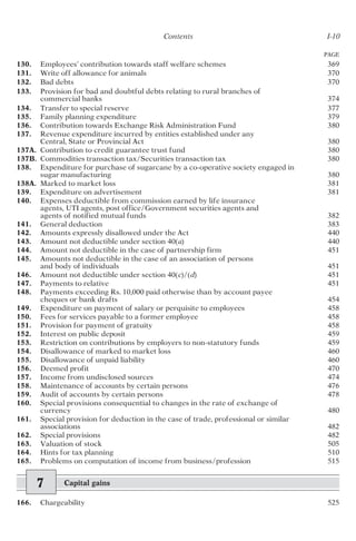 Contents I-10
PAGE
130. Employees’ contribution towards staff welfare schemes 369
131. Write off allowance for animals 370
132. Bad debts 370
133. Provision for bad and doubtful debts relating to rural branches of
commercial banks 374
134. Transfer to special reserve 377
135. Family planning expenditure 379
136. Contribution towards Exchange Risk Administration Fund 380
137. Revenue expenditure incurred by entities established under any
Central, State or Provincial Act 380
137A. Contribution to credit guarantee trust fund 380
137B. Commodities transaction tax/Securities transaction tax 380
138. Expenditure for purchase of sugarcane by a co-operative society engaged in
sugar manufacturing 380
138A. Marked to market loss 381
139. Expenditure on advertisement 381
140. Expenses deductible from commission earned by life insurance
agents, UTI agents, post office/Government securities agents and
agents of notified mutual funds 382
141. General deduction 383
142. Amounts expressly disallowed under the Act 440
143. Amount not deductible under section 40(a) 440
144. Amount not deductible in the case of partnership firm 451
145. Amounts not deductible in the case of an association of persons
and body of individuals 451
146. Amount not deductible under section 40(c)/(d) 451
147. Payments to relative 451
148. Payments exceeding Rs. 10,000 paid otherwise than by account payee
cheques or bank drafts 454
149. Expenditure on payment of salary or perquisite to employees 458
150. Fees for services payable to a former employee 458
151. Provision for payment of gratuity 458
152. Interest on public deposit 459
153. Restriction on contributions by employers to non-statutory funds 459
154. Disallowance of marked to market loss 460
155. Disallowance of unpaid liability 460
156. Deemed profit 470
157. Income from undisclosed sources 474
158. Maintenance of accounts by certain persons 476
159. Audit of accounts by certain persons 478
160. Special provisions consequential to changes in the rate of exchange of
currency 480
161. Special provision for deduction in the case of trade, professional or similar
associations 482
162. Special provisions 482
163. Valuation of stock 505
164. Hints for tax planning 510
165. Problems on computation of income from business/profession 515
7 Capital gains
166. Chargeability 525
 