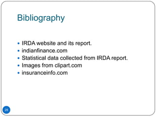 Bibliography

      IRDA website and its report.
      indianfinance.com
      Statistical data collected from IRDA report.
      Images from clipart.com
      insuranceinfo.com




28
 