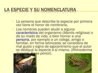 La persona que describe la especie por primera 
vez tiene el honor de nombrarla. 
 Los nombres pueden aludir a alguna 
característica del organismo (Mantis religiosa) o 
de su modo de vida, o bien honrar a una 
persona, por ejemplo a un colega, amigo o 
familiar, en forma latinizada; se considera de 
mal gusto y signo de egocentrismo que el autor 
se dedique la especie a sí mismo. (Rhinoderma 
darwinii, Rana perezi). 
 