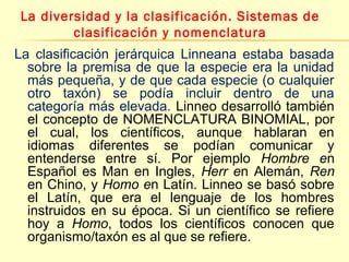 La diversidad y la clasificación. Sistemas de 
clasificación y nomenclatura 
La clasificación jerárquica Linneana estaba basada 
sobre la premisa de que la especie era la unidad 
más pequeña, y de que cada especie (o cualquier 
otro taxón) se podía incluir dentro de una 
categoría más elevada. Linneo desarrolló también 
el concepto de NOMENCLATURA BINOMIAL, por 
el cual, los científicos, aunque hablaran en 
idiomas diferentes se podían comunicar y 
entenderse entre sí. Por ejemplo Hombre en 
Español es Man en Ingles, Herr en Alemán, Ren 
en Chino, y Homo en Latín. Linneo se basó sobre 
el Latín, que era el lenguaje de los hombres 
instruidos en su época. Si un científico se refiere 
hoy a Homo, todos los científicos conocen que 
organismo/taxón es al que se refiere. 
 