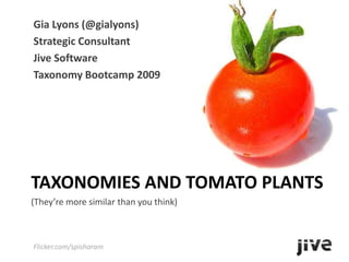 Gia Lyons (@gialyons) Strategic Consultant Jive Software Taxonomy Bootcamp 2009 Taxonomies and Tomato Plants (They’re more similar than you think) Flicker.com/spisharam 