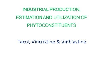 INDUSTRIAL PRODUCTION,
ESTIMATION AND UTILIZATION OF
PHYTOCONSTITUENTS
Taxol, Vincristine & Vinblastine
 