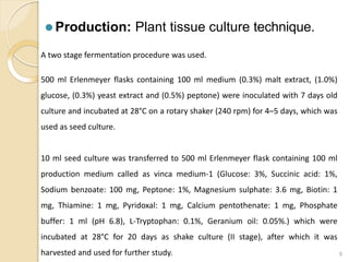 ⚫ Production: Plant tissue culture technique.
A two stage fermentation procedure was used.
500 ml Erlenmeyer flasks containing 100 ml medium (0.3%) malt extract, (1.0%)
glucose, (0.3%) yeast extract and (0.5%) peptone) were inoculated with 7 days old
culture and incubated at 28°C on a rotary shaker (240 rpm) for 4–5 days, which was
used as seed culture.
10 ml seed culture was transferred to 500 ml Erlenmeyer flask containing 100 ml
production medium called as vinca medium-1 (Glucose: 3%, Succinic acid: 1%,
Sodium benzoate: 100 mg, Peptone: 1%, Magnesium sulphate: 3.6 mg, Biotin: 1
mg, Thiamine: 1 mg, Pyridoxal: 1 mg, Calcium pentothenate: 1 mg, Phosphate
buffer: 1 ml (pH 6.8), L-Tryptophan: 0.1%, Geranium oil: 0.05%.) which were
incubated at 28°C for 20 days as shake culture (II stage), after which it was
harvested and used for further study. 9
 