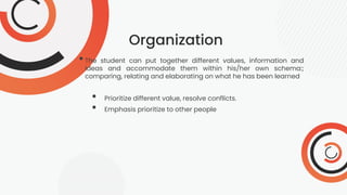 Organization
•The student can put together different values, information and
ideas and accommodate them within his/her own schema:;
comparing, relating and elaborating on what he has been learned
• Prioritize different value, resolve conflicts.
• Emphasis prioritize to other people
 